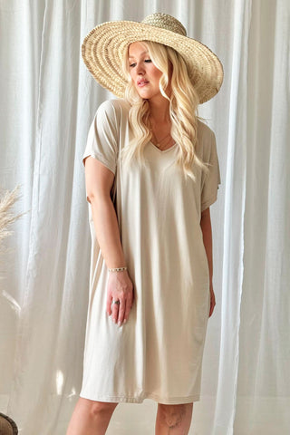 Bamboo wave v-neck dress, beige