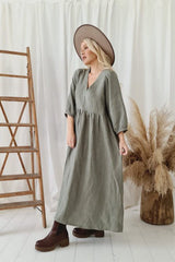 Almira linen dress, camo green
