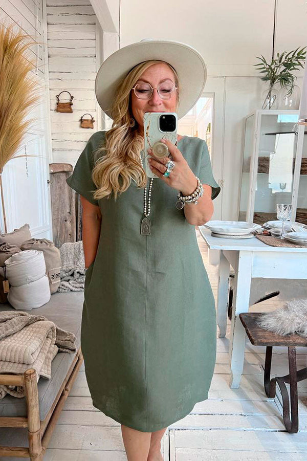 Coco linen dress, camo green