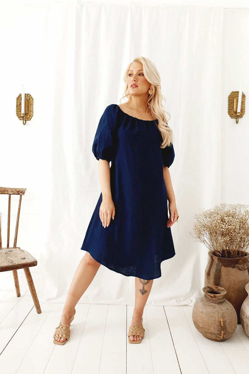 Louise linen dress, navy blue