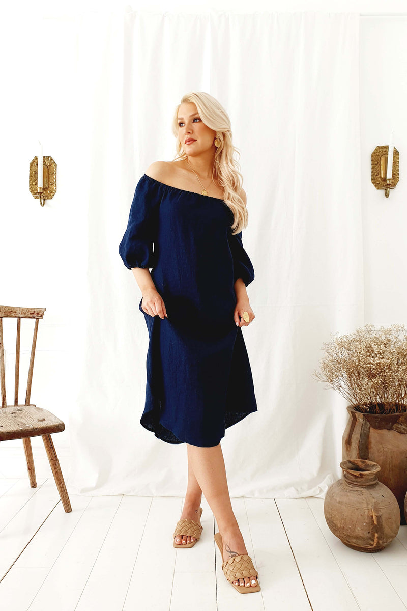 Louise linen dress, navy blue