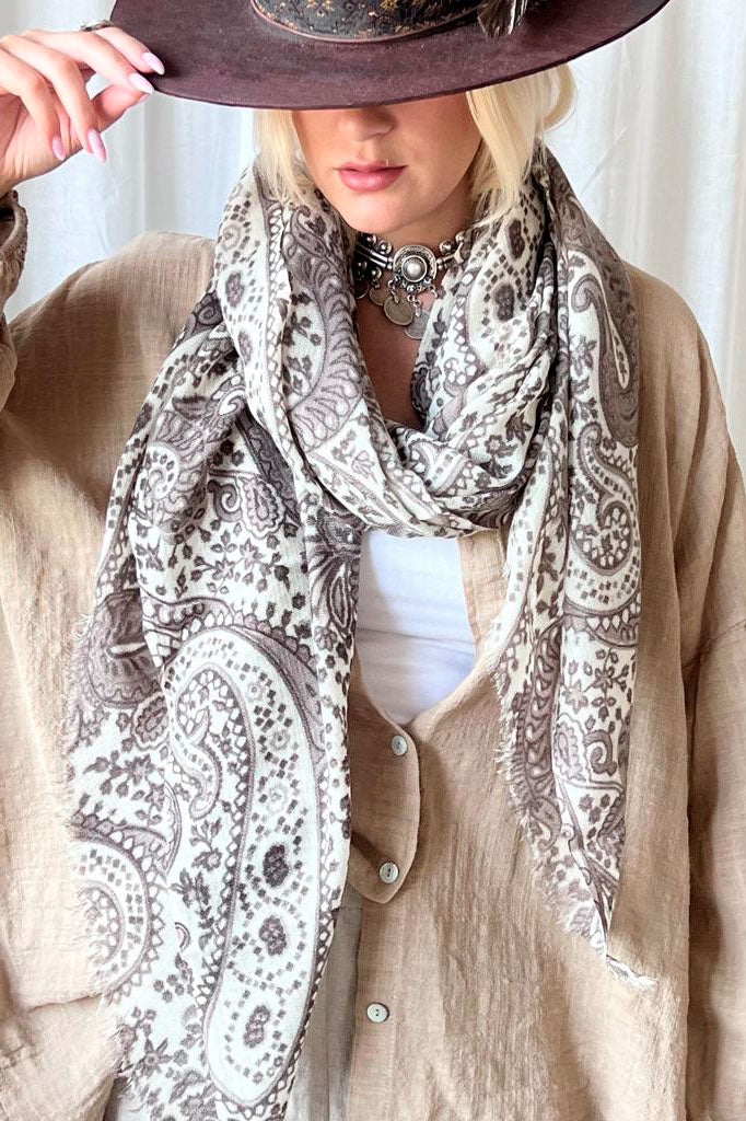 Ornament wool scarf, taupe